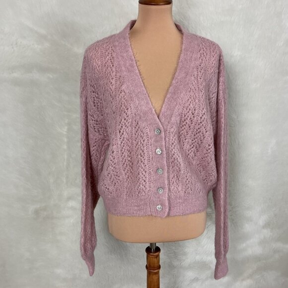 Free People Pink Amelia Alpaca Pointelle Knit Cardigan Sweater NWT L - Picture 1 of 8